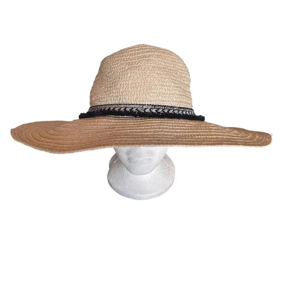 Tan wide rim floppy beach hat with navy & silver‎ ribbons - Picture 2 of 7